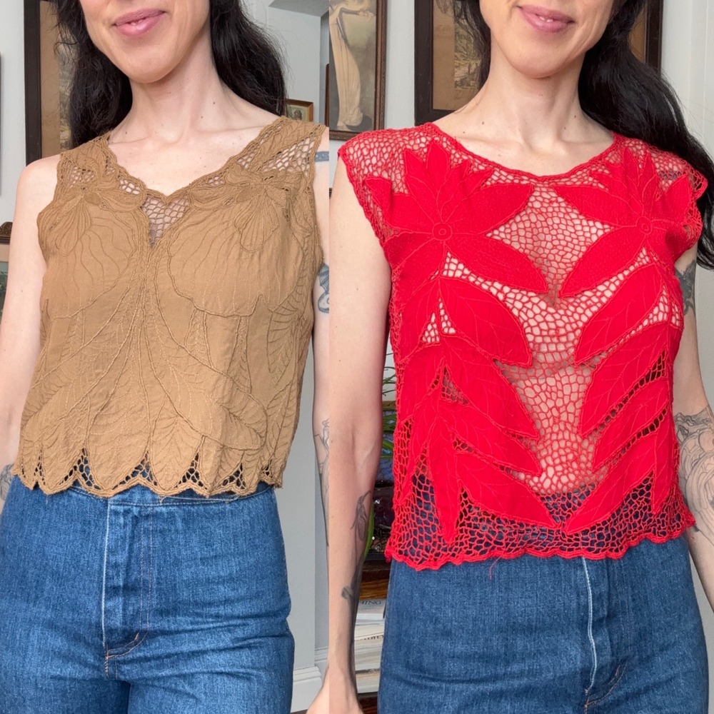 Vintage 80s 90s Crochet Lace Leaf Applique Sleeveless Crop Tops Set Boho